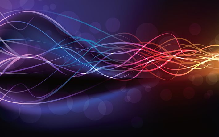 aaltoilevat neons&#228;teet, 4k, pimeys, violetit taustat, abstraktit aallot, luova, kuvamateriaali