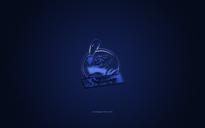 Yakult Swallows, club de baseball japonais, logo bleu, NPB, fond bleu en fibre de carbone, Nippon Professional Baseball, baseball, Tokyo, Japon, logo Yakult Swallows