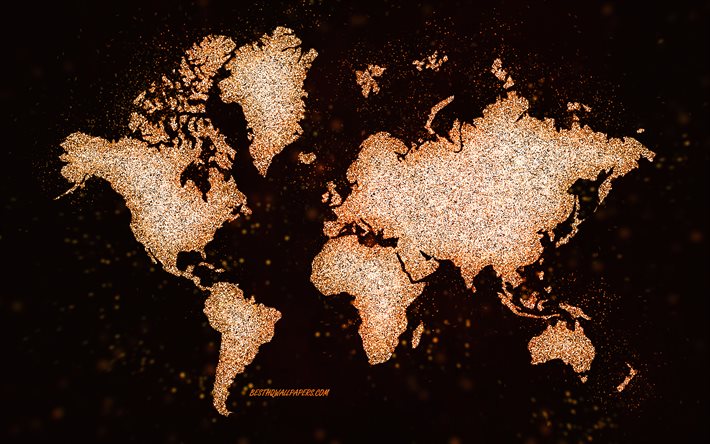 Mappa del mondo glitter, sfondo nero, mappa del mondo, arte arancione glitter, concetti di mappa del mondo, arte creativa, mappa arancione del mondo, mappa dei continenti