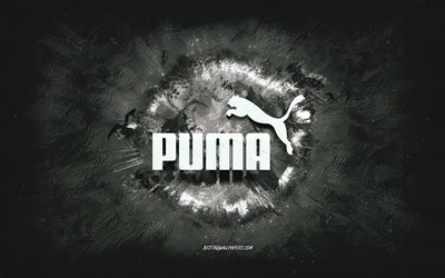 Puma logo, grunge art, white stone background, Puma white logo, Puma, creative art, white Puma grunge logo