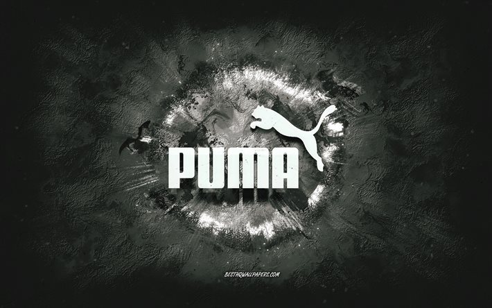 Logo Puma, arte grunge, sfondo pietra bianca, logo bianco Puma, Puma, arte creativa, logo grunge Puma bianco