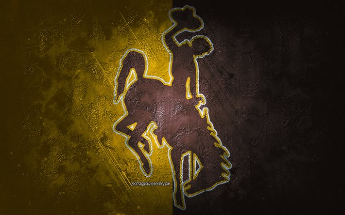 Wyoming Cowboys, American football team, yellow brown background, Wyoming Cowboys logo, grunge art, NCAA, American football, Wyoming Cowboys emblem