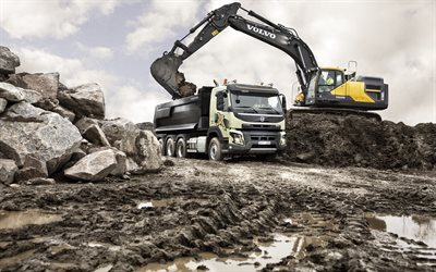 Volvo FMX 460, mining dump truck, Volvo EC380E, Crawler Excavator, mining machines, Excavator, stone loading, Volvo