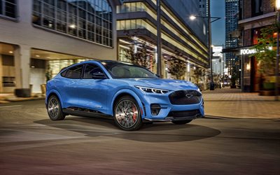 2021, Ford Mustang Mach-E GT, 4k, front view, exterior, electric crossover, new blue Mach-E GT, electric cars, american cars, Ford