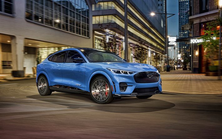 2021, فورد موستانج Mach-E GT, 4 ك, مشهد أمامي, ‫الشكل الخارج, كروس كهربائي, Mach-E GT باللون الأزرق الجديد, السيارات الكهربائية, السيارات الأمريكية, فورد