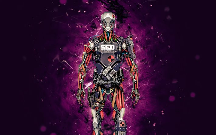 SED-2, 4k, violetta neonljus, WarFace, kreativa, WarFace-karakt&#228;rer, cyborg, SED-2 WarFace