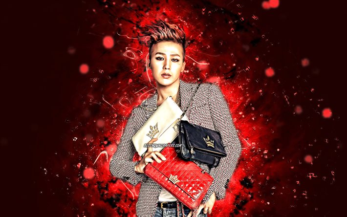 G-Dragon, 4k, K-pop, cantor sul-coreano, Big Bang, luzes de n&#233;on vermelhas, Kwon Ji Yong, celebridade sul-coreana, G-Dragon 4K