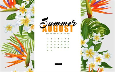 August 2021 Calendar, tropical flowers, August, 2021 summer calendars, summer background, 2021 August Calendar, calendar with flowers