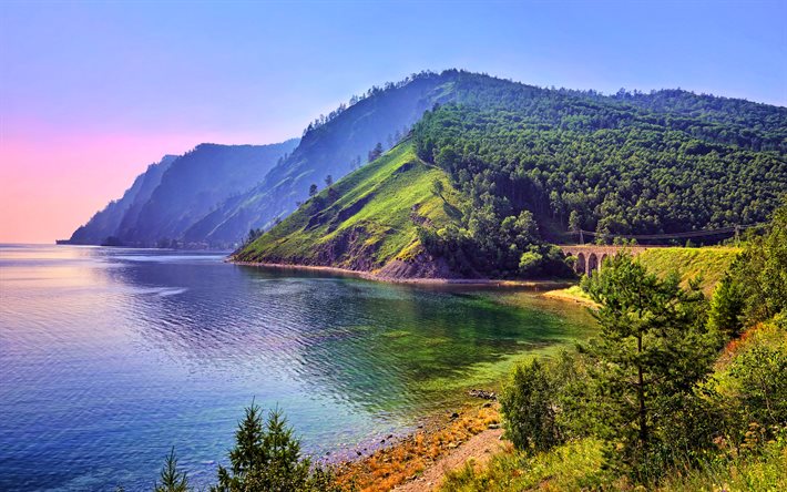 Lago Baikal, 4k, montanhas, ver&#227;o, HDR, bela natureza, marcos russos, R&#250;ssia, Sib&#233;ria