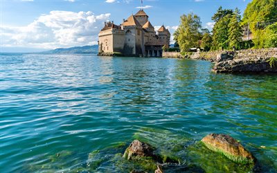 Chillon Castle, Lake Geneva, island castle, ancient castle, Swiss castles, Switzerland
