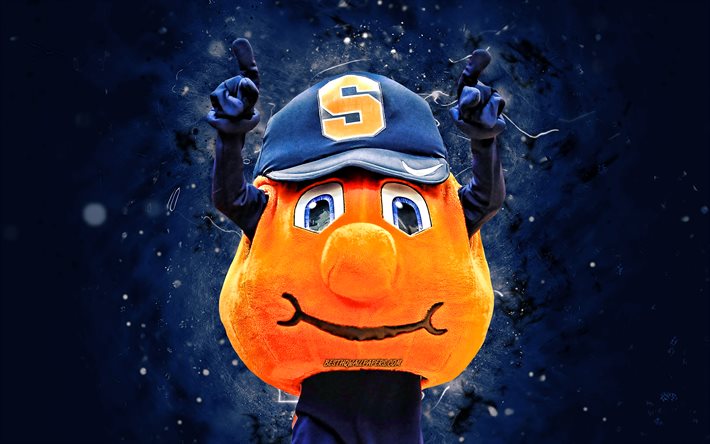 Otto the Orange, 4k, mascot, Syracuse Orange, blue neon lights, NCAA, creative, USA, Syracuse Orange mascot, NCAA mascots, official mascot, Otto the Orange mascot