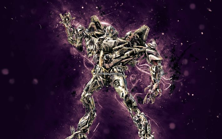 Starscream, 4k, luzes de n&#233;on violeta, Transformers, criativo, Autobot, Starscream Transformer, Starscream 4K, F-16 Fighting Falcon Transformer