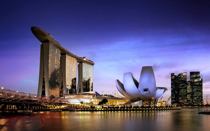 Singapore, Marina Bay, sera, tramonto, grattacieli, Marina Bay Sands, panorama di Singapore, paesaggio urbano di Singapore