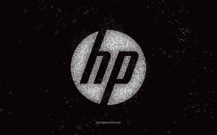 HP glitterlogotyp, svart bakgrund, HP-logotyp, vit glitterkonst, HP, kreativ konst, HP vit glitterlogotyp, Hewlett-Packard-logotyp