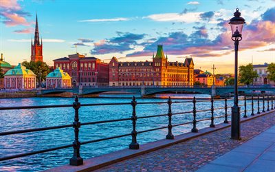 Stockholm, 4k, water channel, evening, cityscapes, swedish cities, Europe, Sweden, cities of Sweden