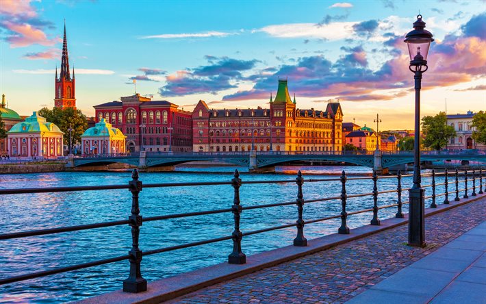 Stockholm, 4k, su kanalı, akşam, şehir manzaraları, İsve&#231; şehirleri, Avrupa, İsve&#231;