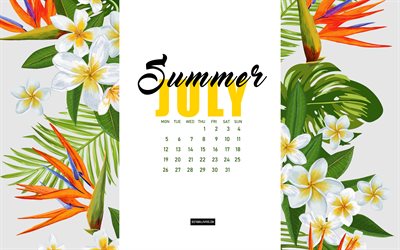 July 2021 Calendar, tropical flowers, July, 2021 summer calendars, summer background, 2021 July Calendar, calendar with flowers