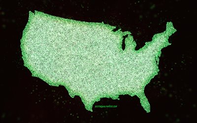 USA glitter map, black background, USA map, green glitter art, Map of USA, creative art, USA green map, USA