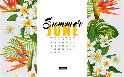 June 2021 Calendar, tropical flowers, June, 2021 summer calendars, summer background, 2021 June Calendar, calendar with flowers