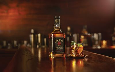 whisky, Jim Beam Black, Black Bourbon, garrafa de whisky, copo de whisky com hortel&#227;