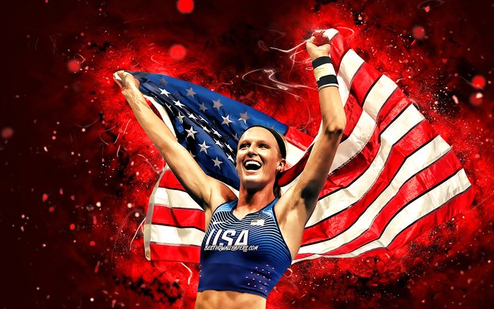 Sandi Morris, 4k, luci al neon rosse, salto con l&#39;asta americano, atleta, squadra nazionale USA, creativo, Sandi Morris con bandiera degli Stati Uniti, atletica, Sandi Morris 4K
