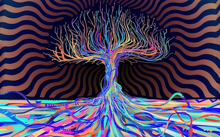 albero colorato, 4k, albero creativo, astratto, sfondo con albero, natura astratta, opere d&#39;arte