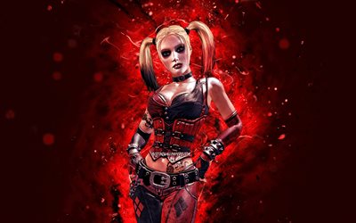 4k, Harley Quinn, red neon lights, Batman Arkham City, artwork, supervillain, Harley Quinn 4K