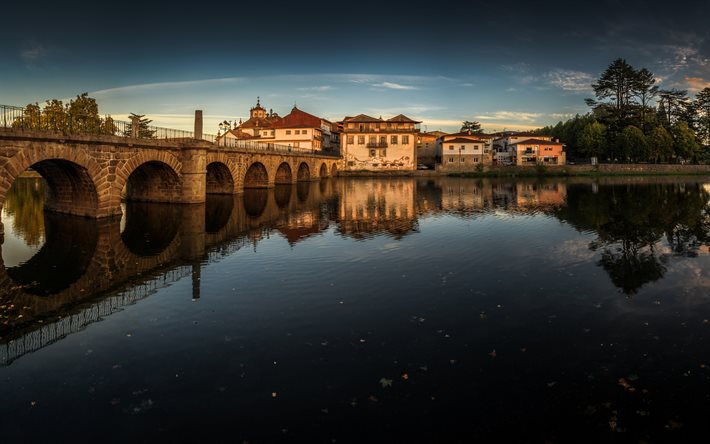 Pont de Trajan, 4k, Chaves, rivi&#232;re Tamega, villes portugaises, paysages urbains, Portugal, Europe