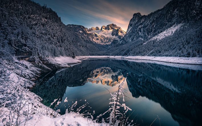 Lago Gosau, lago de monta&#241;a, nieve, Alpes, paisaje de monta&#241;a, Gosauseen, Austria