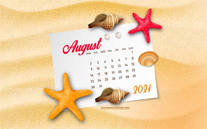 2021 August Calendar, 4k, summer beach background, August 2021 Calendar, summer art, 2021 summer calendars, August, summer background, sand texture