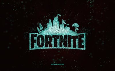 Fortnite glitter logo, black background, Fortnite logo, turquoise glitter art, Fortnite, creative art, Fortnite turquoise glitter logo