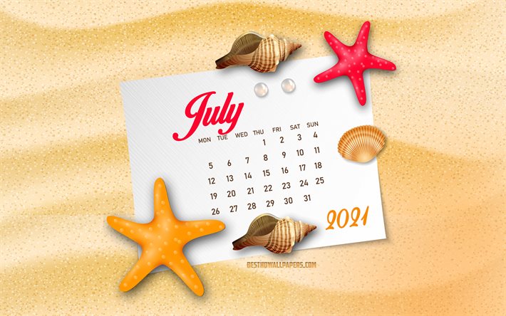 Calendario di luglio 2021, 4k, sfondo spiaggia estiva, Calendario luglio 2021, arte estiva, calendari estivi 2021, luglio, sfondo estivo, texture sabbia