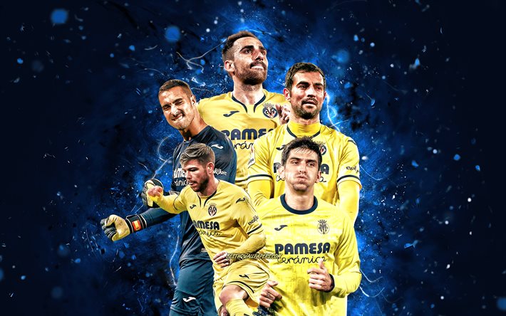 Paco Alcacer, Alberto Moreno, Sergio Asenjo, Raul Albiol, Gerard Moreno, 4k, Villarreal FC, La Liga, Villarreal team, blue neon lights, soccer, Villarreal CF