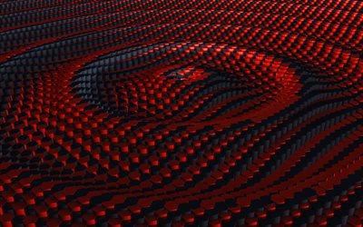 tiges hexagonales, 4k, textures 3D, hexagones, textures de vagues 3D, fond ondul&#233; rouge, textures de vagues, nid d&#39;abeille