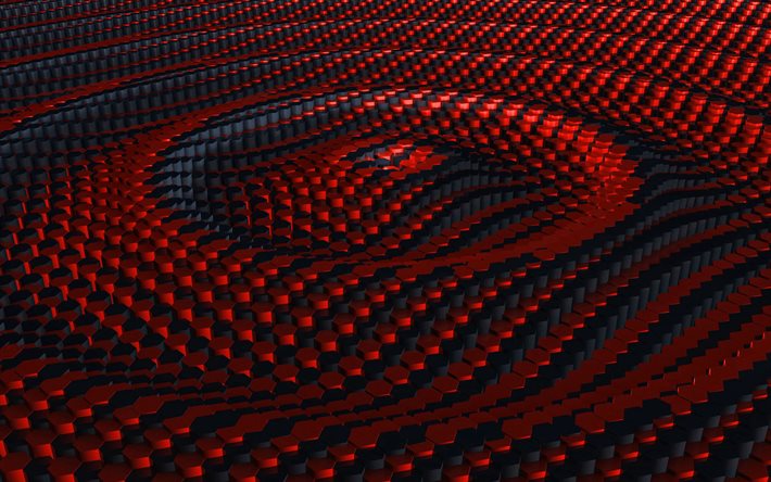 altıgen &#231;ubuklar, 4k, 3D dokular, altıgenler, 3D dalgalar dokular, kırmızı dalgalı arka plan, dalgalar dokular, petek