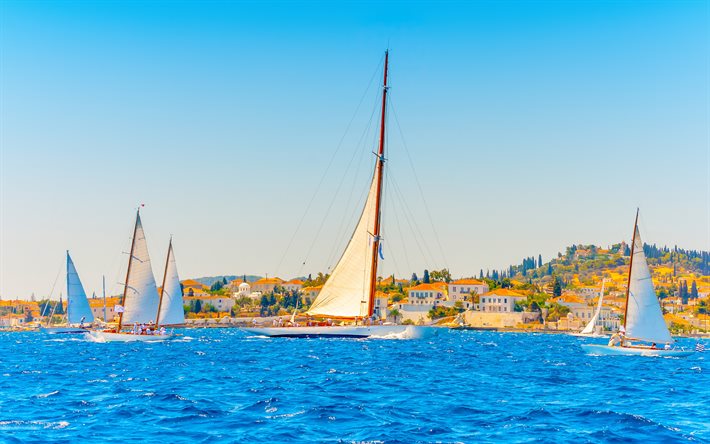 Lefkas, yelkenli tekneler, yatlar, Yunan adası, Lefkada, İyon Denizi, beyaz yelkenli tekneler, Yunanistan