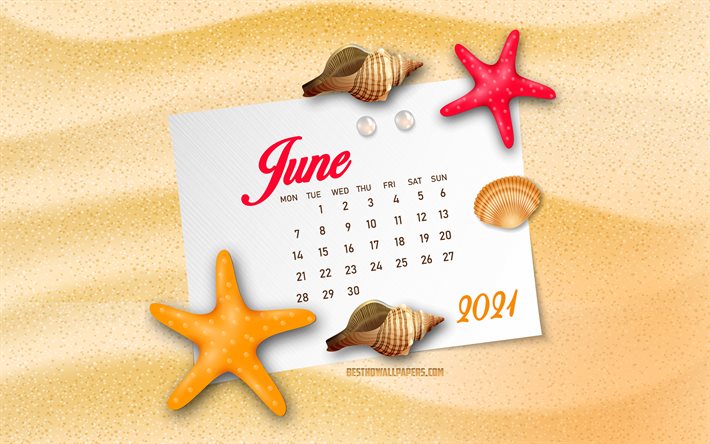 2021 juni kalender, 4k, sommar strand bakgrund, juni 2021 kalender, sommar konst, 2021 sommar kalendrar, juni, sommar bakgrund, sand konsistens