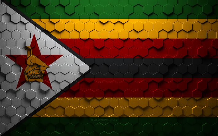 Bandera de Zimbabwe, arte de panal, bandera de hex&#225;gonos de Zimbabwe, Zimbabwe, arte de hex&#225;gonos 3d, bandera de Zimbabwe