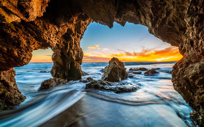 Rocks (岩), bonsoir, sunset, 海岸, 波、, 海景画, 海, California, 米国