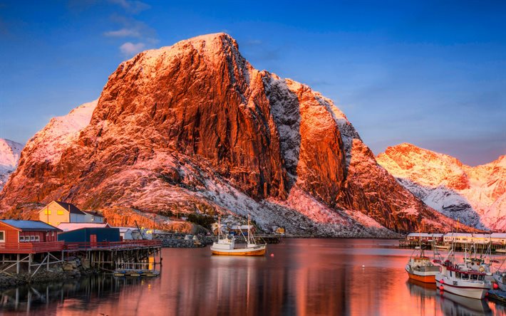Lofoten, sera, tramonto, rocce, paesaggio di montagna, costa, Norvegia