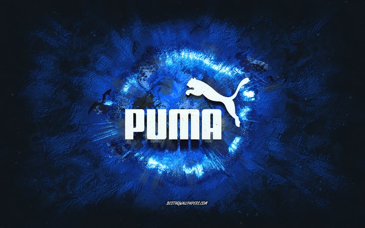 Logo Puma, arte grunge, sfondo pietra blu, logo blu Puma, Puma, arte creativa, logo grunge Puma blu