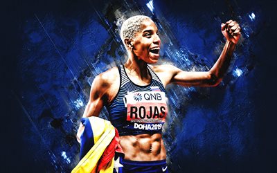 Yulimar Rojas, Venezuelan athlete, portrait, Venezuela, Venezuela National Olympic Team, Yulimar Rojas art, blue stone background
