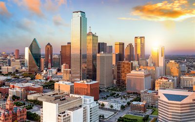 Dallas, evening, sunset, skyscrapers, Dallas skyline, Bank of America Plaza, Dallas-Fort Worth metroplex, Dallas cityscape, Texas, USA