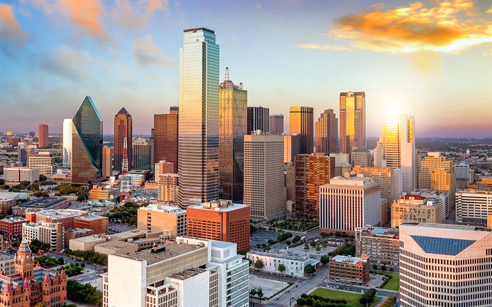 Dallas, tarde, puesta de sol, rascacielos, horizonte de Dallas, Bank of America Plaza, metroplex de Dallas-Fort Worth, paisaje urbano de Dallas, Texas, EE