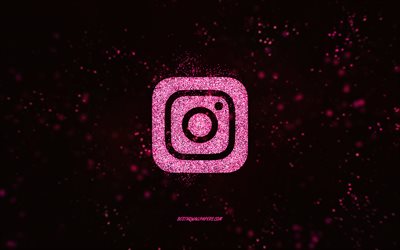 Instagramのキラキラロゴ, 黒の背景, Instagramのロゴ, ピンクのグリッター美術, Instagram, 創作アート, Instagramのピンクの輝きのロゴ