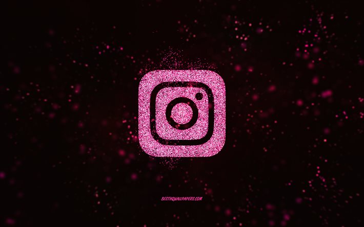 Instagram glitter logo, sfondo nero, Instagram logo, pink glitter art, Instagram, arte creativa, Instagram pink glitter logo