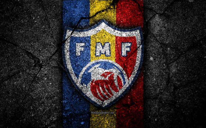 Moldaviska fotboll, 4k, emblem, UEFA, Europa, fotboll, asfalt konsistens, Moldavien, Europeiska nationella fotbollslag, Moldavien landslaget