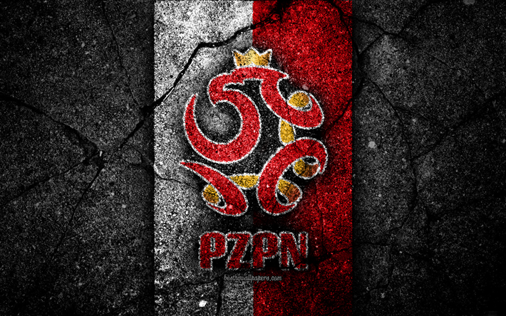Polsk fotboll, 4k, emblem, UEFA, Europa, fotboll, asfalt konsistens, Polen, Europeiska nationella fotbollslag, Polen landslaget