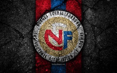 Norwegian football team, 4k, emblem, UEFA, Europe, football, asphalt texture, soccer, Norway, European national football teams, Norway national football team
