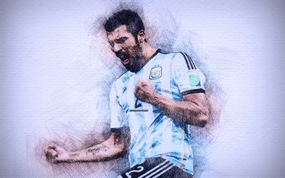 4k, Ezequiel Garay, 2018, sanat, futbol yıldızları, Arjantin Milli Takımı, Garay, futbol, futbolcular, &#231;izim Ezequiel Garay, Arjantin Milli Futbol Takımı